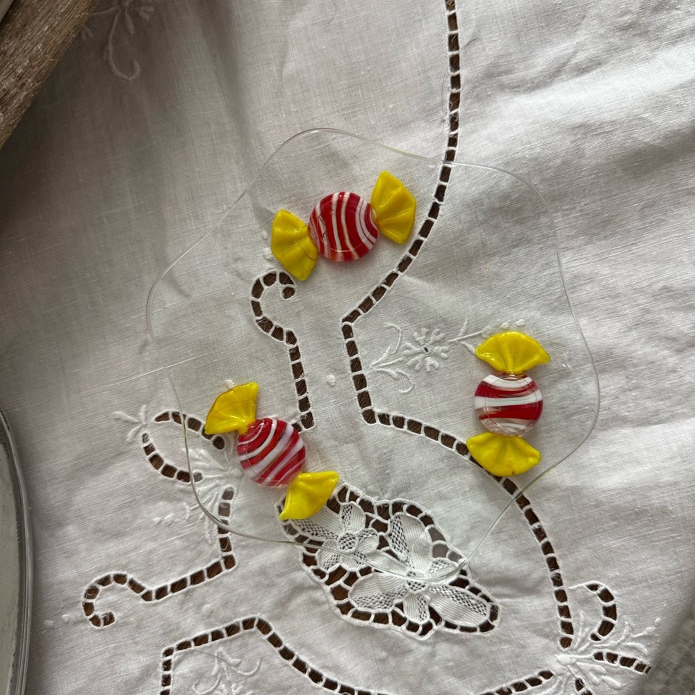 glass trinket dish with wrapped candy detail